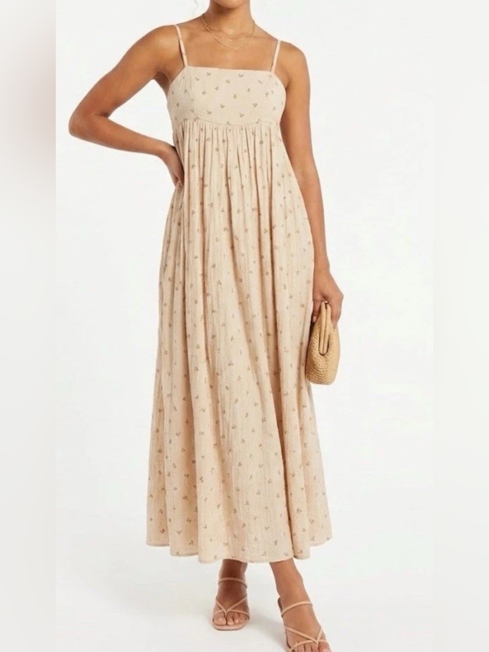 Storia Tan Beige Empire waist  Floral Strapless Maxi Dress S